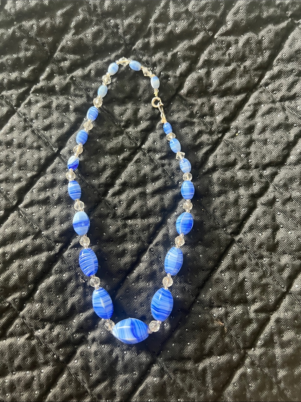 Vintage Czech Blue & White Swirl Art Glass Graduated Necklace